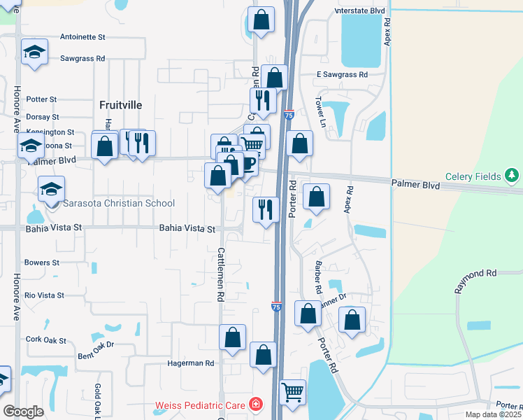 map of restaurants, bars, coffee shops, grocery stores, and more near 5921 Porter Way in Sarasota