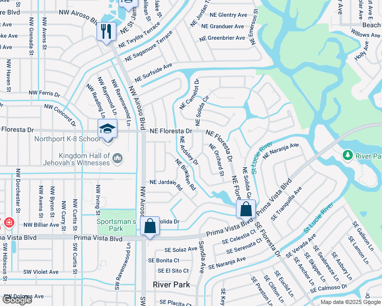 map of restaurants, bars, coffee shops, grocery stores, and more near 322 Northeast Ardsley Drive in Port St. Lucie