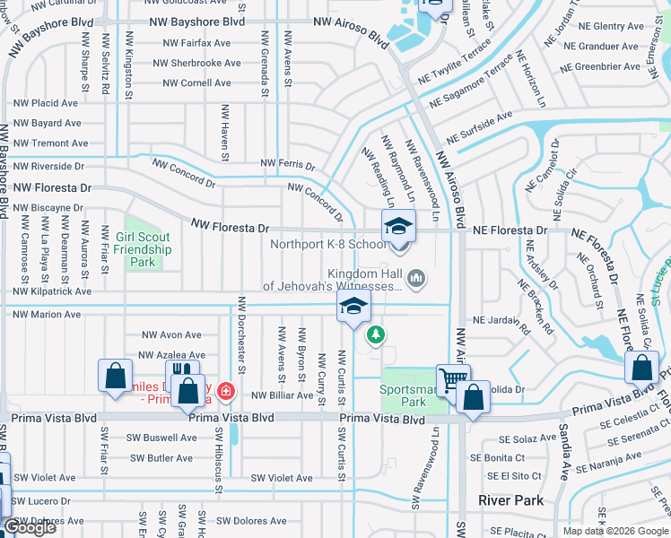 map of restaurants, bars, coffee shops, grocery stores, and more near 350 Northwest Curtis Street in Port Saint Lucie