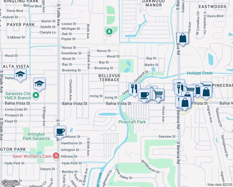 map of restaurants, bars, coffee shops, grocery stores, and more near 3194 Alta Vista Street in Sarasota