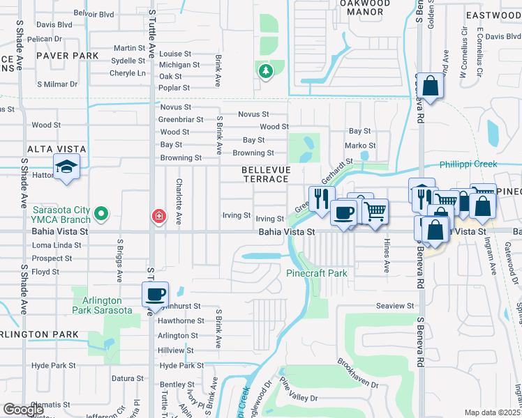 map of restaurants, bars, coffee shops, grocery stores, and more near 3120 Alta Vista Street in Sarasota