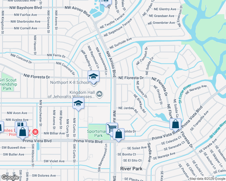 map of restaurants, bars, coffee shops, grocery stores, and more near 332 Northwest Airoso Boulevard in Port St. Lucie