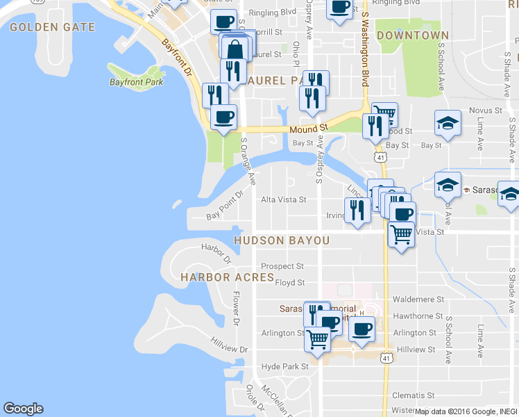 map of restaurants, bars, coffee shops, grocery stores, and more near 1025 South Orange Avenue in Sarasota