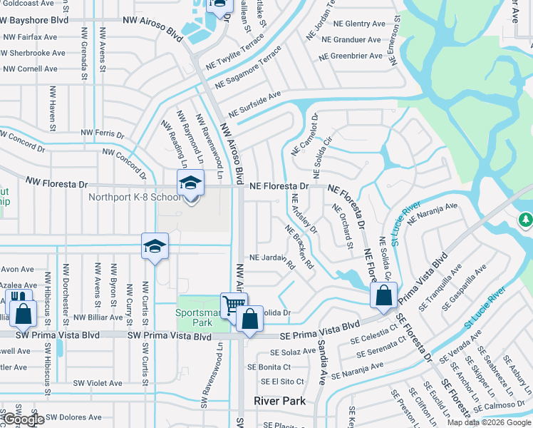 map of restaurants, bars, coffee shops, grocery stores, and more near 130 Northeast Bracken Road in Port St. Lucie