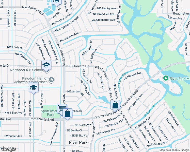 map of restaurants, bars, coffee shops, grocery stores, and more near 301 Northeast Surrey Street in Port St. Lucie