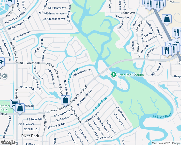 map of restaurants, bars, coffee shops, grocery stores, and more near 193 Northeast Caprona Avenue in Port St. Lucie
