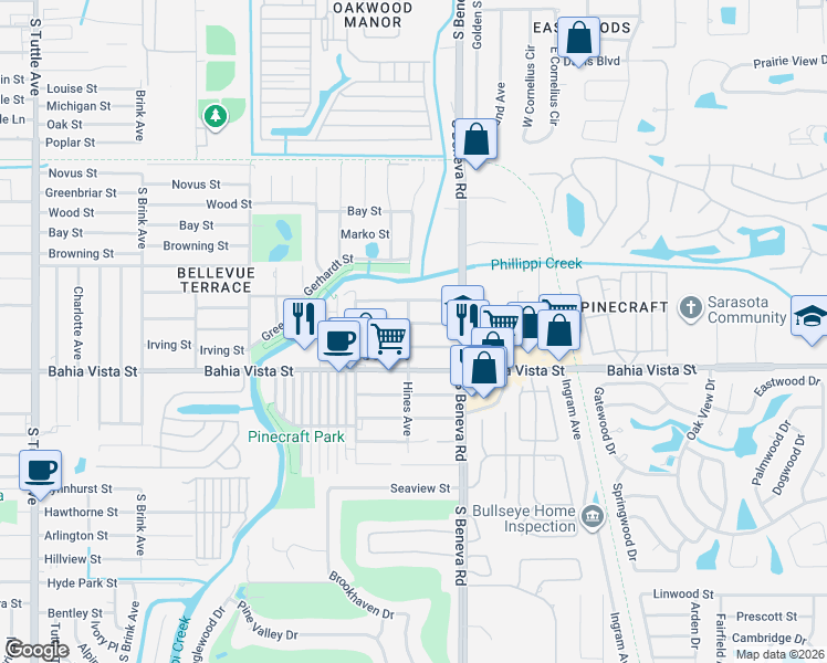 map of restaurants, bars, coffee shops, grocery stores, and more near 3465 Birky Street in Sarasota
