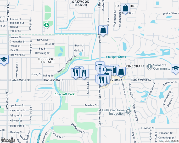 map of restaurants, bars, coffee shops, grocery stores, and more near 3465 Birky Street in Sarasota