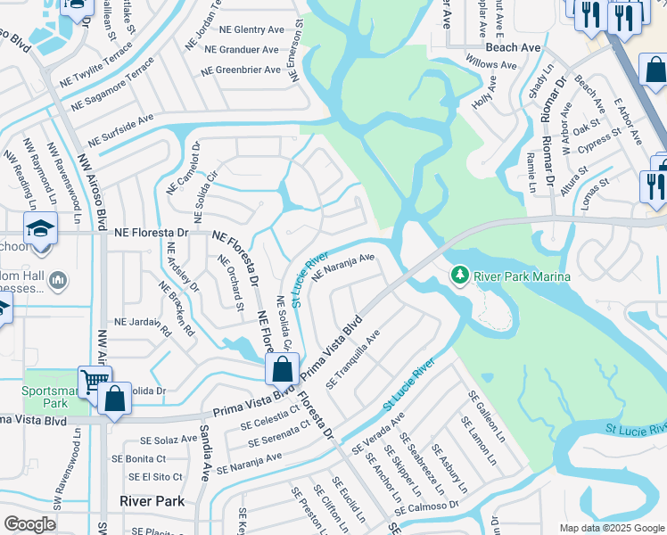 map of restaurants, bars, coffee shops, grocery stores, and more near 136 Northeast Naranja Avenue in Port St. Lucie