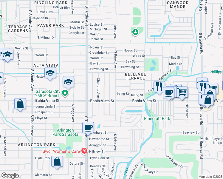 map of restaurants, bars, coffee shops, grocery stores, and more near 1031 Rhodes Avenue in Sarasota