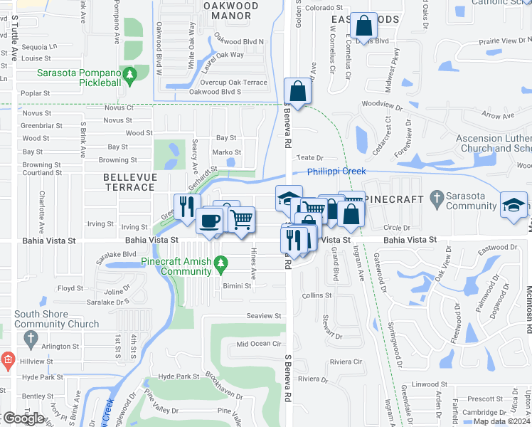 map of restaurants, bars, coffee shops, grocery stores, and more near 3520 Gardenia Street in Sarasota