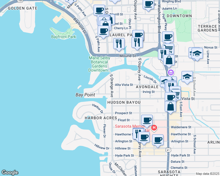 map of restaurants, bars, coffee shops, grocery stores, and more near 1020 South Orange Avenue in Sarasota