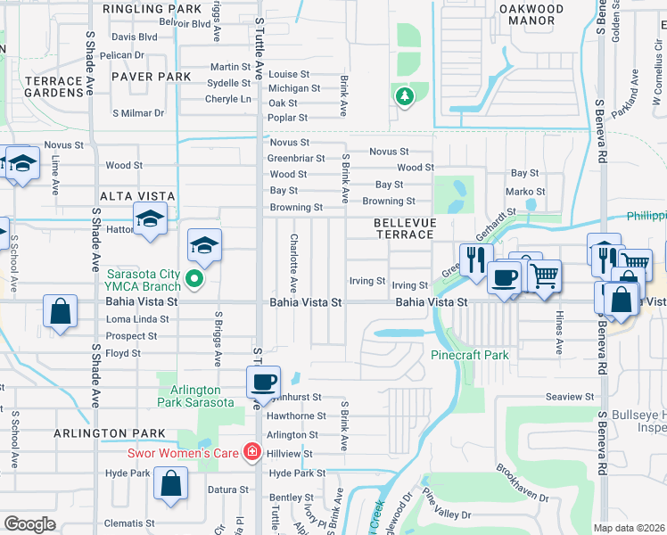 map of restaurants, bars, coffee shops, grocery stores, and more near 1031 Rhodes Avenue in Sarasota