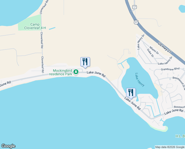 map of restaurants, bars, coffee shops, grocery stores, and more near 620 Lake June Road in Lake Placid