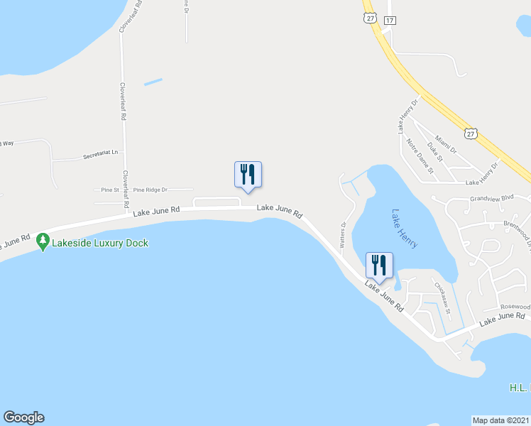 map of restaurants, bars, coffee shops, grocery stores, and more near 620 Lake June Road in Lake Placid