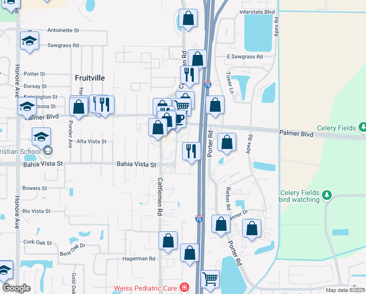 map of restaurants, bars, coffee shops, grocery stores, and more near 1185 Cattlemen Road in Sarasota