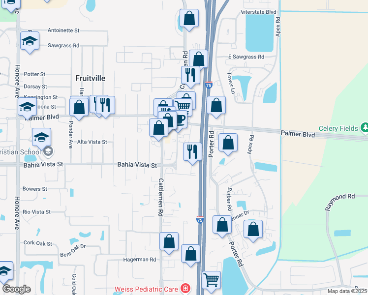 map of restaurants, bars, coffee shops, grocery stores, and more near 1185 Cattlemen Road in Sarasota