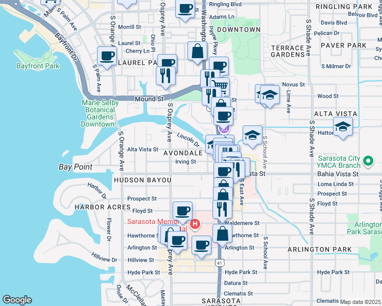 map of restaurants, bars, coffee shops, grocery stores, and more near 1931 Irving Street in Sarasota
