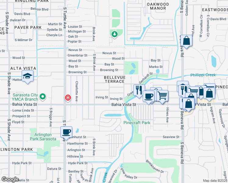 map of restaurants, bars, coffee shops, grocery stores, and more near 3120 Alta Vista Street in Sarasota