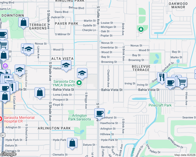 map of restaurants, bars, coffee shops, grocery stores, and more near 1030 South Allendale Avenue in Sarasota