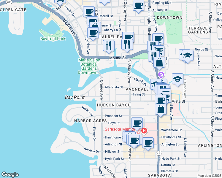 map of restaurants, bars, coffee shops, grocery stores, and more near 1007 Citrus Avenue in Sarasota