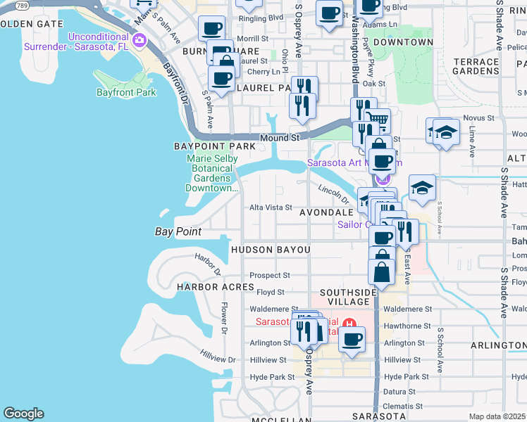 map of restaurants, bars, coffee shops, grocery stores, and more near 1007 Citrus Avenue in Sarasota