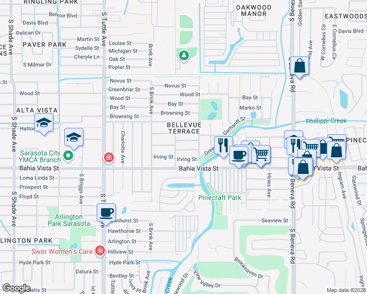 map of restaurants, bars, coffee shops, grocery stores, and more near 3120 Alta Vista Street in Sarasota
