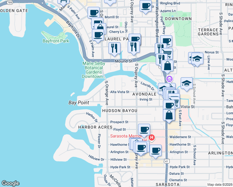 map of restaurants, bars, coffee shops, grocery stores, and more near 1042 Pomelo Avenue in Sarasota