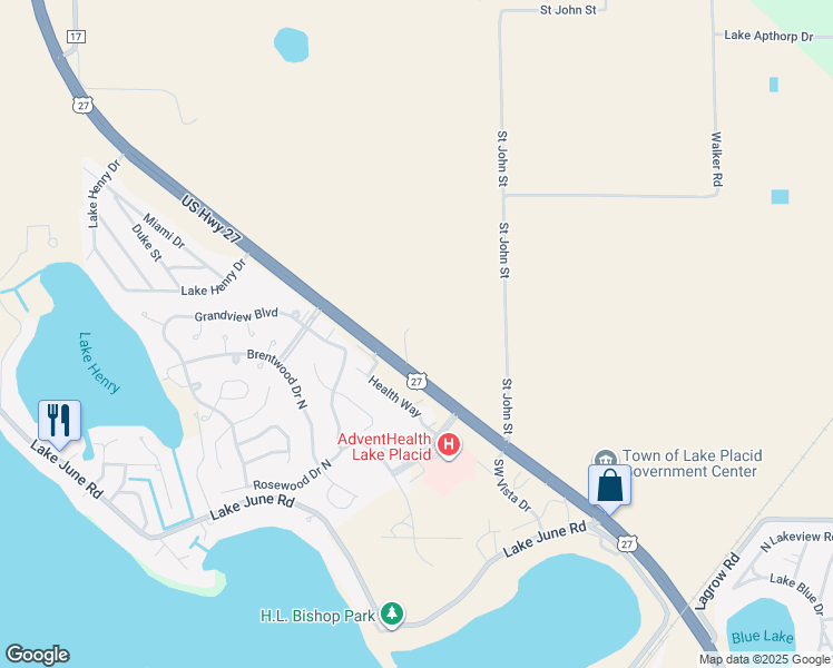 map of restaurants, bars, coffee shops, grocery stores, and more near 1297 U.S. 27 in Lake Placid