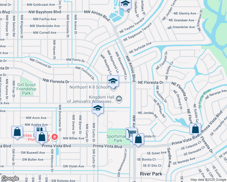 map of restaurants, bars, coffee shops, grocery stores, and more near 250 Northwest Floresta Drive in Port St. Lucie