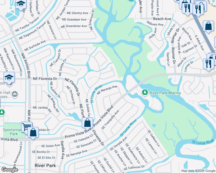map of restaurants, bars, coffee shops, grocery stores, and more near 139 Northeast Naranja Avenue in Port Saint Lucie
