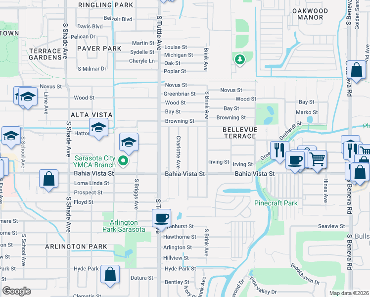 map of restaurants, bars, coffee shops, grocery stores, and more near 1031 Charlotte Avenue in Sarasota
