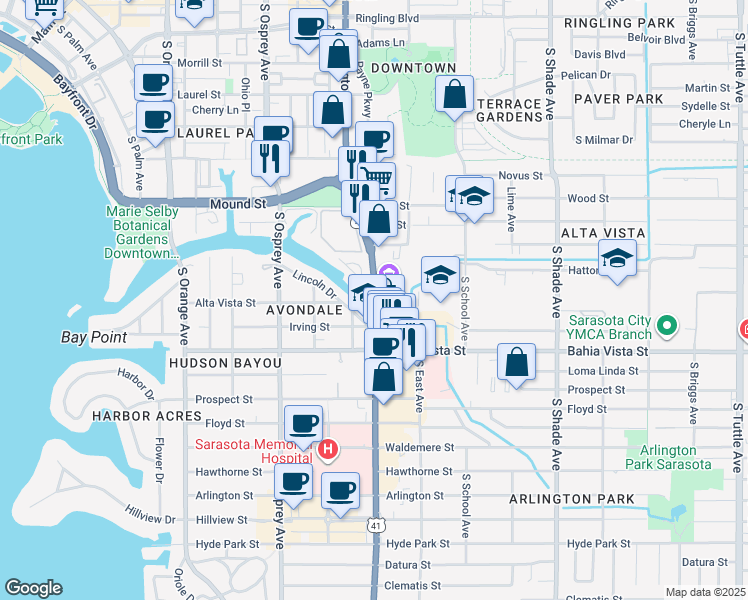 map of restaurants, bars, coffee shops, grocery stores, and more near 1064 South Tamiami Trail in Sarasota