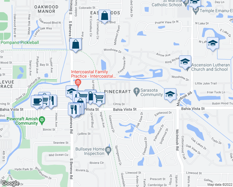 map of restaurants, bars, coffee shops, grocery stores, and more near in Sarasota Springs