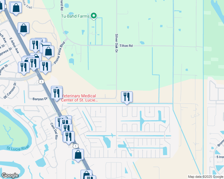 map of restaurants, bars, coffee shops, grocery stores, and more near 7701 Silver Oak Drive in Port St. Lucie