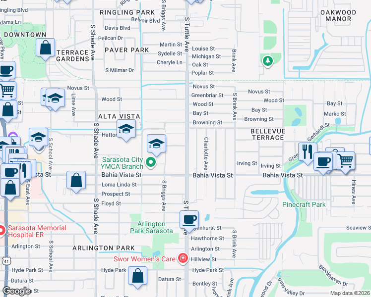 map of restaurants, bars, coffee shops, grocery stores, and more near 956 South Allendale Avenue in Sarasota