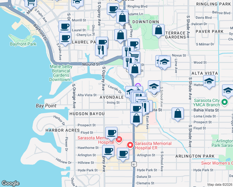 map of restaurants, bars, coffee shops, grocery stores, and more near 1919 Lincoln Drive in Sarasota