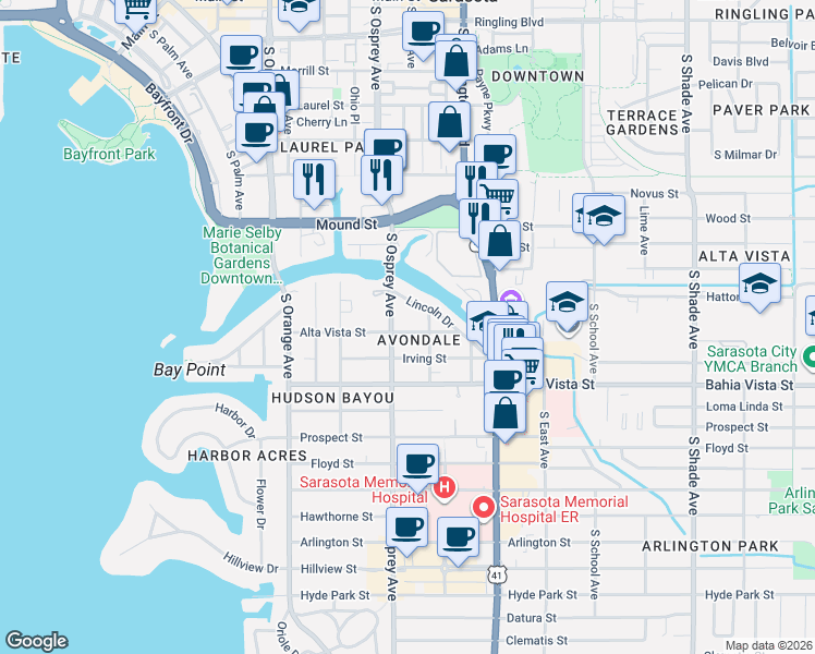 map of restaurants, bars, coffee shops, grocery stores, and more near 1846 Lincoln Drive in Sarasota
