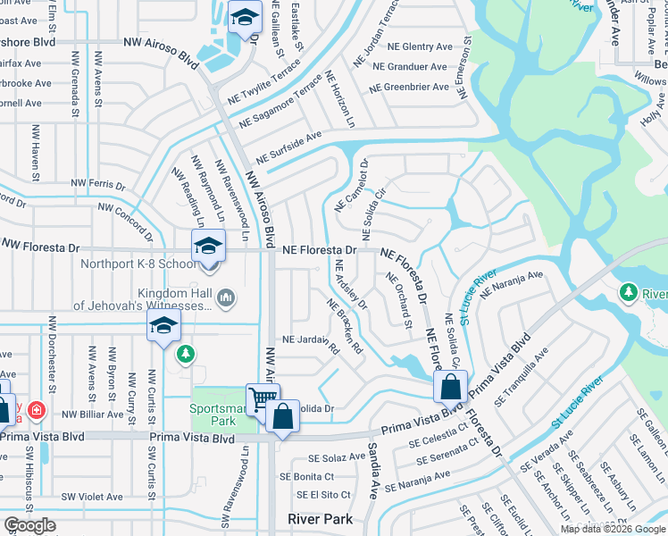 map of restaurants, bars, coffee shops, grocery stores, and more near 399 Northeast Ardsley Drive in Port St. Lucie