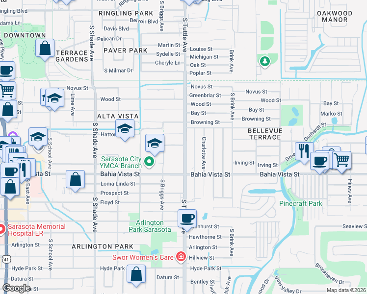 map of restaurants, bars, coffee shops, grocery stores, and more near 956 South Allendale Avenue in Sarasota