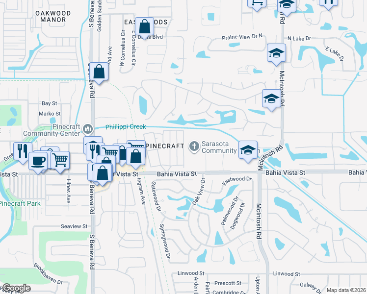map of restaurants, bars, coffee shops, grocery stores, and more near Circle Drive East in Sarasota Springs