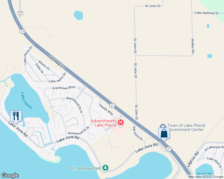 map of restaurants, bars, coffee shops, grocery stores, and more near 1297 U.S. 27 in Lake Placid