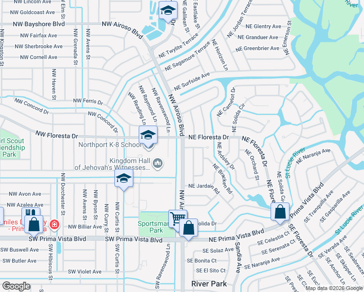 map of restaurants, bars, coffee shops, grocery stores, and more near 368 Northwest Airoso Boulevard in Port St. Lucie
