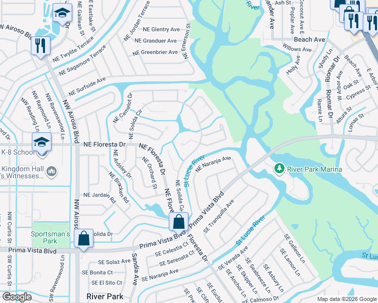 map of restaurants, bars, coffee shops, grocery stores, and more near 362 Northeast Brasher Court in Port St. Lucie