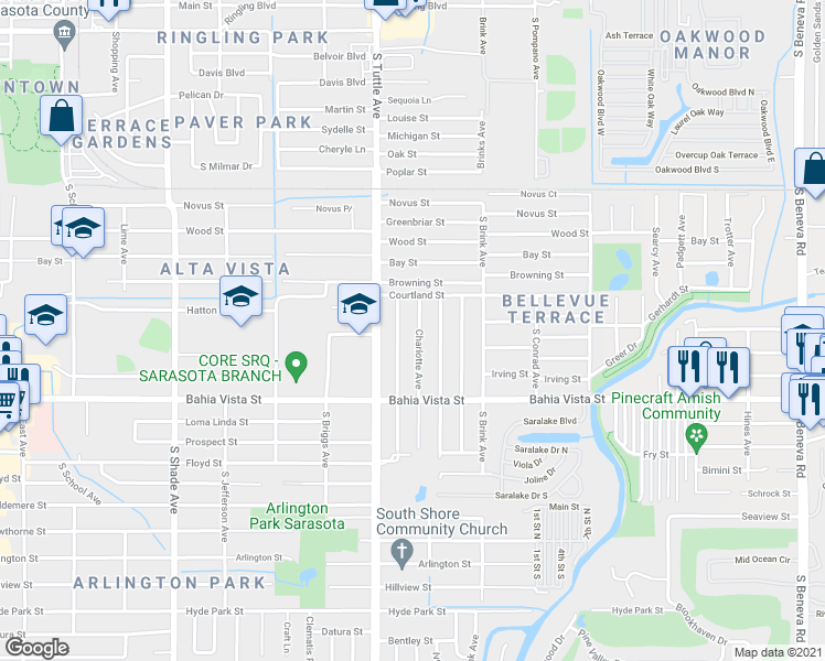 map of restaurants, bars, coffee shops, grocery stores, and more near 961 Charlotte Avenue in Sarasota