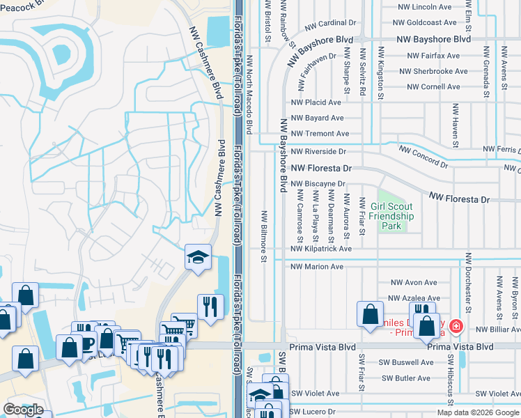 map of restaurants, bars, coffee shops, grocery stores, and more near 374 Northwest Biltmore Street in Port St. Lucie