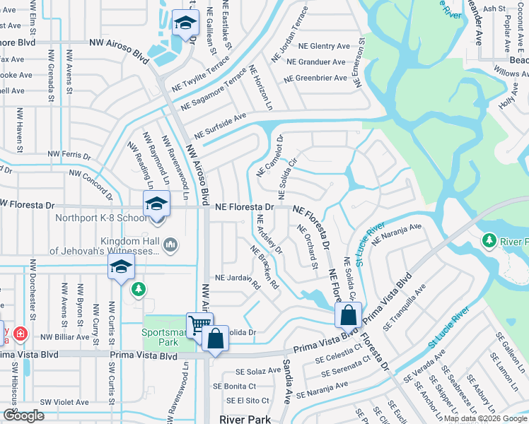 map of restaurants, bars, coffee shops, grocery stores, and more near 399 Northeast Ardsley Drive in Port St. Lucie
