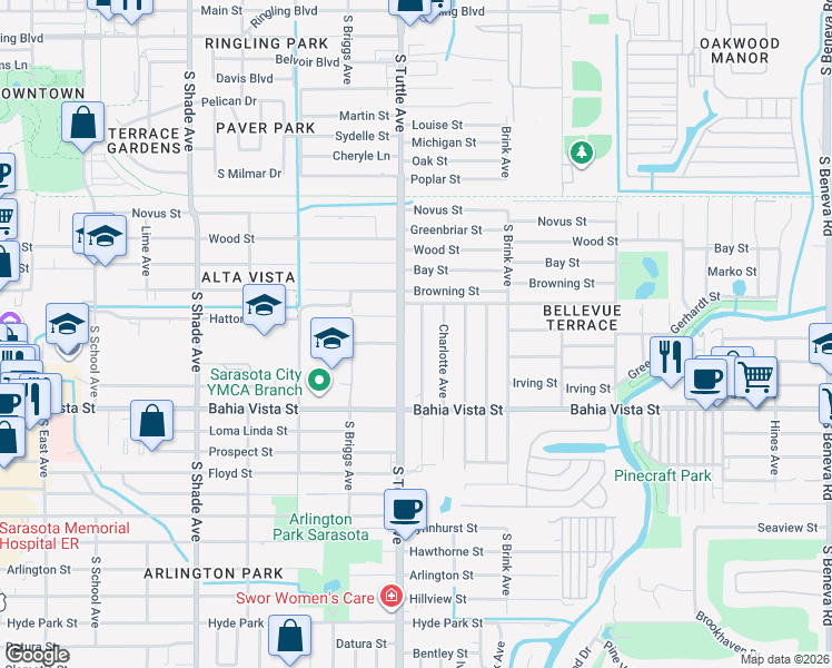 map of restaurants, bars, coffee shops, grocery stores, and more near 956 South Allendale Avenue in Sarasota