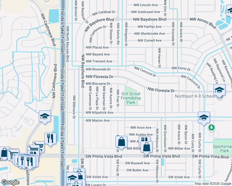 map of restaurants, bars, coffee shops, grocery stores, and more near 356 Northwest Friar Street in Port St. Lucie