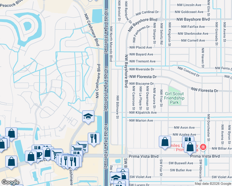 map of restaurants, bars, coffee shops, grocery stores, and more near 374 Northwest Biltmore Street in Port St. Lucie